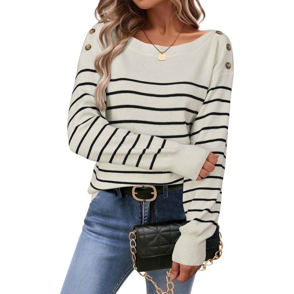 Women's Wool Blend Striped Boat Neck Sweater Casual Fall Stylish Large